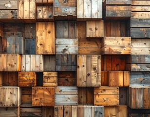 A wall composed of various wooden crates