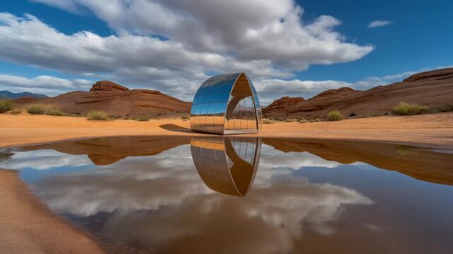 Escultura met&aacute;lica reflectante en forma de arco en un paisaje des&eacute;rtico con un charco de agua que refleja el cielo y las rocas.
