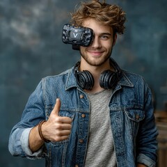 Smiling young man wearing sleek VR goggles giving a thumbs up, symbolizing positive interaction with technology, dark blue studio background.