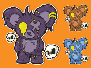 Cute Gothic Zombie Teddy Bear Vector Illustration Set