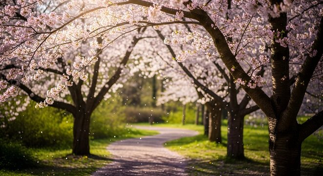 Cherry blossom trees path spring nature park landscape sunlight beauty peaceful scenic outdoor season