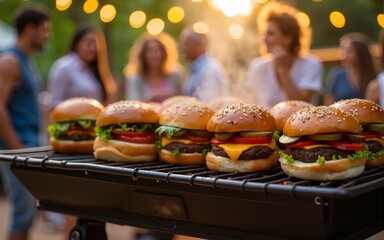 The vibrant grill showcasing burgers amidst a joyful summer evening gathering. High quality