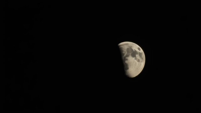 La luna en fase de cuarto creciente iluminando la oscuridad del espacio nocturno con sus cr&aacute;teres visibles.