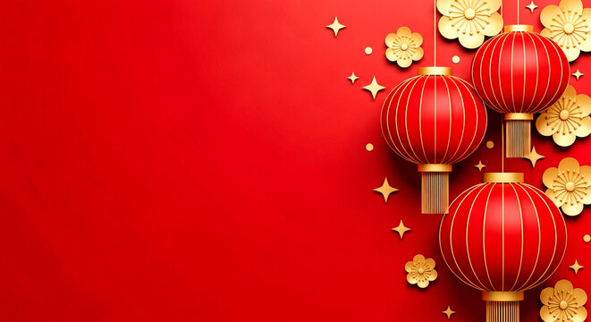 Festive red lanterns and golden flowers celebrate lunar new