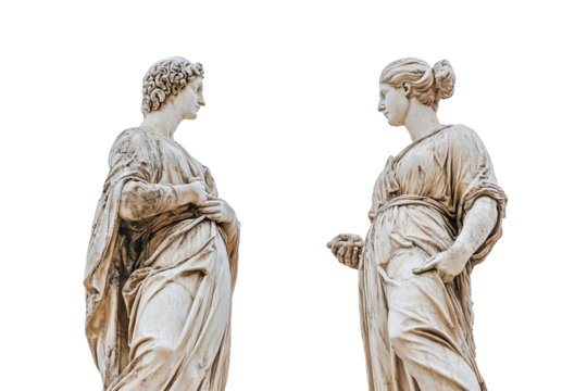 Two Different Statues Standing Side by Side with Space Between Them PNG