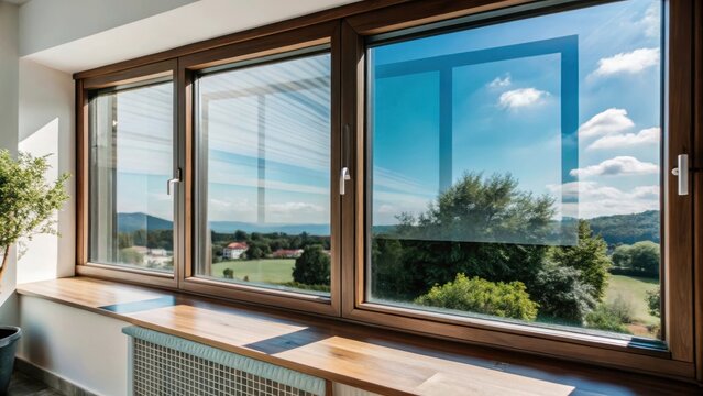 Tinted film installation with UV protective coating on window pane