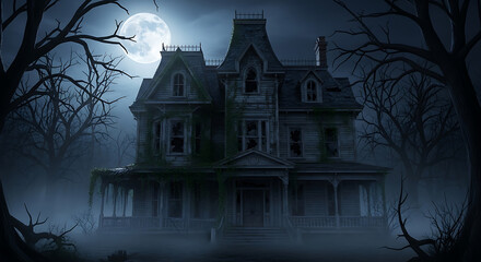 Old Haunted House Under a Full Moon in Foggy Forest
