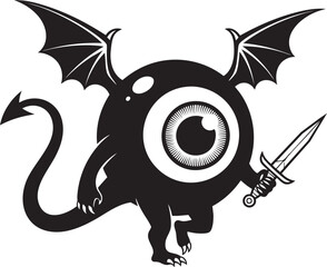 Monochromatic oneeyed monster with bat wings an arrow tail and a dagger.