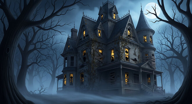 Abandoned Old Victorian Mansion Halloween Night