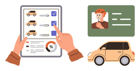 Hands selecting a car using comparison chart with a percentage graph, ID card with personal details, and yellow car graphic. Ideal for choice, analysis, identity, transportation, documentation