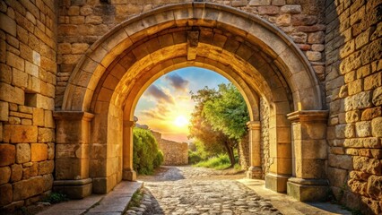 Fototapeta premium Ancient stone archway in warm sunlight with detailed concrete structures