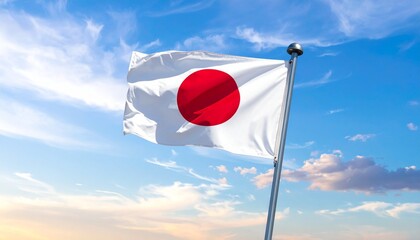 "Japanese flag flying under vibrant sky — white field with red sun disc against clouds and sunset hues, symbolizing purity, harmony, and national identity"