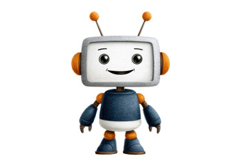 A cute, cartoonish robot character with a smiling face, round body, and colorful features, designed to appear friendly and approachable.