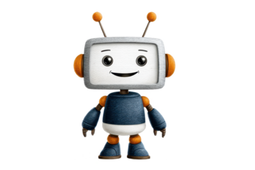 A cute, cartoonish robot character with a smiling face, round body, and colorful features, designed to appear friendly and approachable.