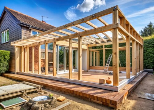 Modern home extension framing with wooden beams and windows