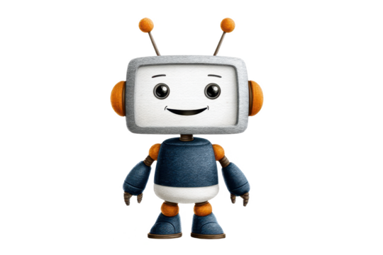 A cute, cartoonish robot character with a smiling face, round body, and colorful features, designed to appear friendly and approachable.