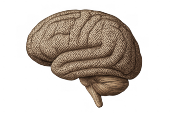 Human brain illustration with fabric texture depicting intelligence, thought, and psychological complexity on a transparent background