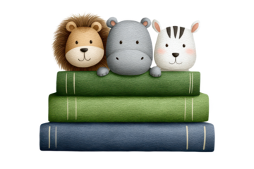 Three cute cartoon animals-a lion, a hippo, and a zebra-are perched on top of colorful stacked books.
