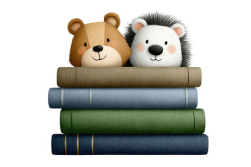 Two cute animal plush toys, a bear and a hedgehog, are perched atop colorful stacked books.