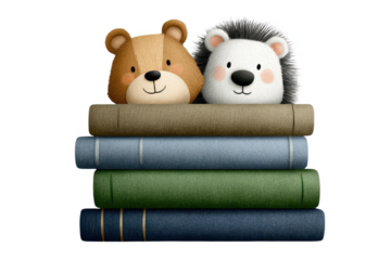 Two cute animal plush toys, a bear and a hedgehog, are perched atop colorful stacked books.