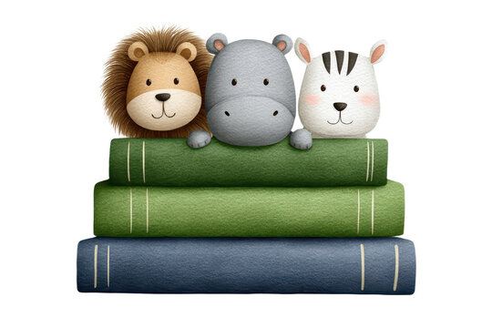 Three cute cartoon animals-a lion, a hippo, and a zebra-are perched on top of colorful stacked books.