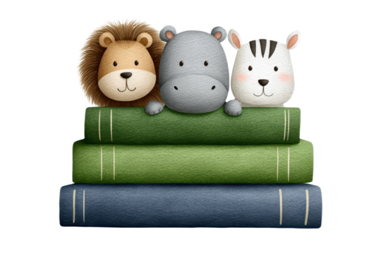 Three cute cartoon animals-a lion, a hippo, and a zebra-are perched on top of colorful stacked books.