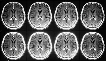 Medical imaging showing a series of axial MRI scans of a human brain, revealing internal structures.