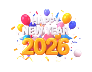 Festive “Happy New Year 2026” Typography with Party Elements PNG