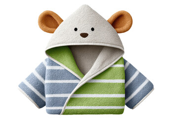 A cozy children's bathrobe featuring a bear design with ears and striped patterns in blue and green.