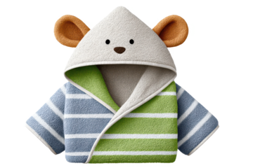 A cozy children's bathrobe featuring a bear design with ears and striped patterns in blue and green.