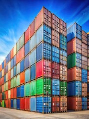 Large cargo containers stacked high on a dock in Los Angeles or Shanghai