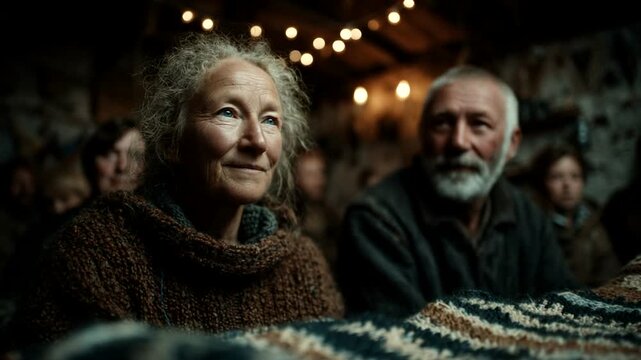Elderly couple engaged in storytelling by firelight