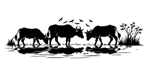 Bulls drinking water riverbank. Cartoon Animal Clipart Silhouette Vector Illustration Line Art Illustration. Cattle ingest liquid waters edge brook grassland farm ... See More