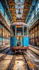 Naklejka premium Old railway tram with rusty blue coating left alone in an abandoned factory