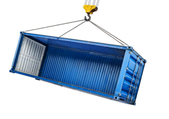Empty blue Shipping Container with Removed Side Wall During Transportation with Crane Hook. isolated on transparent or white background