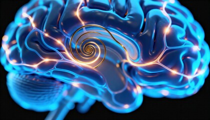 A glowing, detailed illustration of a human brain with intricate neural pathways and a central spiral.