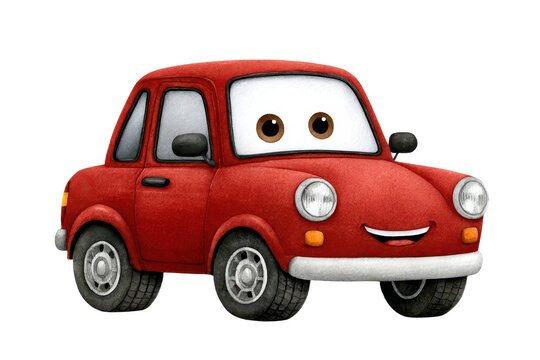 A cheerful cartoon-style red car with large expressive eyes and a friendly smile.