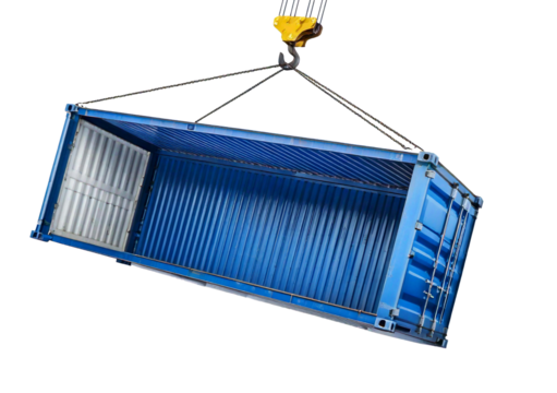 Empty blue Shipping Container with Removed Side Wall During Transportation with Crane Hook. isolated on transparent or white background