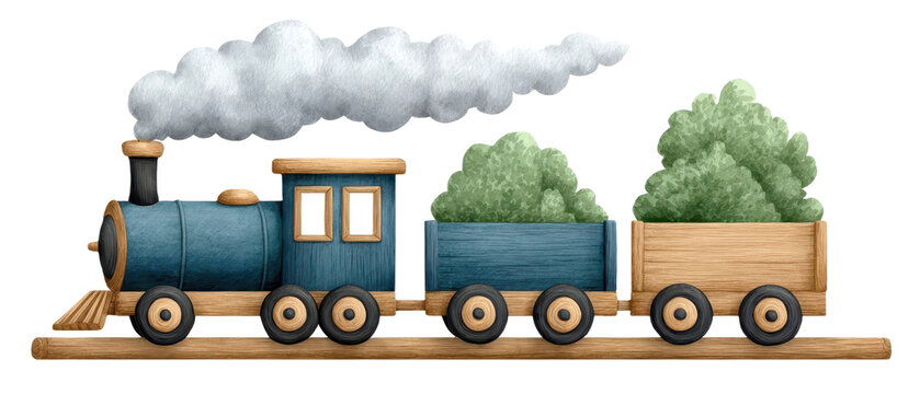 A cartoon-style steam train pulling wooden cars filled with green vegetation, showcasing a whimsical and playful design.