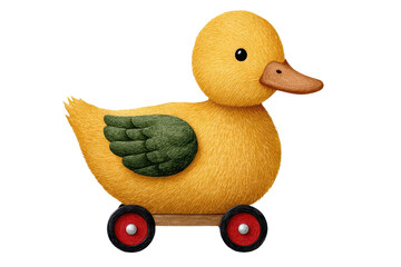A vibrant, embroidered yellow duck toy with green wings, mounted on a wooden base with wheels, showcasing playful design and craftsmanship.