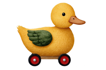 A vibrant, embroidered yellow duck toy with green wings, mounted on a wooden base with wheels, showcasing playful design and craftsmanship.