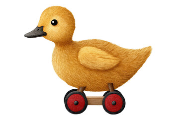 A fluffy, yellow toy duck on wheels, featuring a playful design with a rounded body and large eyes.