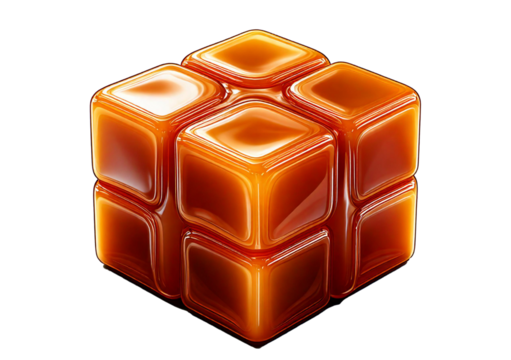 glossy caramel cube isometric design featuring smooth edges and a realistic isolated on a transparent or white background