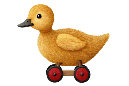 A fluffy, yellow toy duck on wheels, featuring a playful design with a rounded body and large eyes.