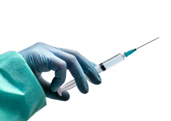 Hand with glove holding a syringe for vaccination , isolated on transparent or white background