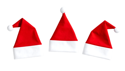 Three red and white santa hats with white pom poms, arranged on a white background, isolated cutout