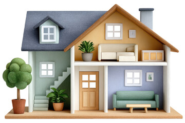 A colorful model house featuring a cozy interior, stairs, plants, and furniture, showcasing a charming miniature home design.