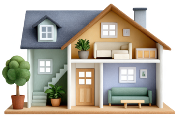 A colorful model house featuring a cozy interior, stairs, plants, and furniture, showcasing a charming miniature home design.