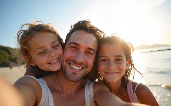 Joyful family bonding at the beach capturing memories with a selfie. High quality