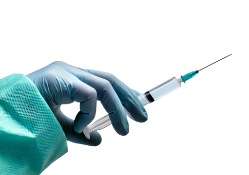 Hand with glove holding a syringe for vaccination , isolated on transparent or white background